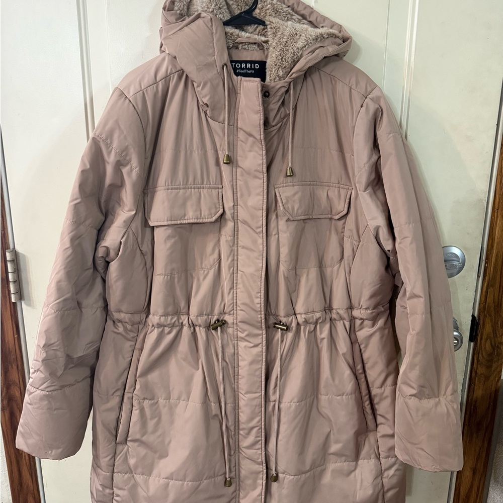 Torrid Women's Blush Khaki Hooded Puffer Coat with fur lining
